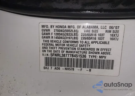 2007 Honda Odyssey Ex-L z USA, uszkodzony, nr VIN 5FNRL38777B451536